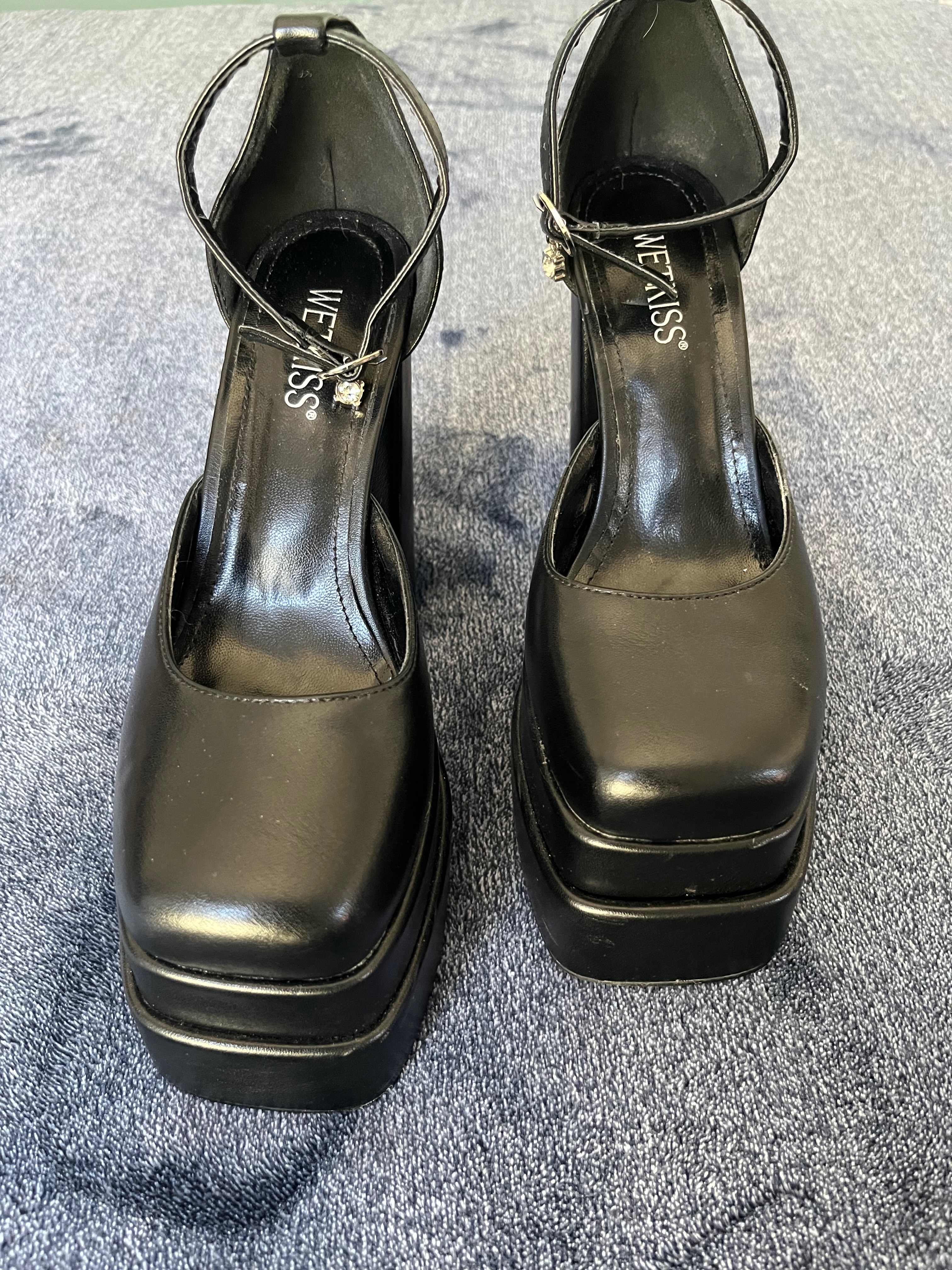 WETKISS Black Mary Jane Platform Heels US 9 - Square Toe Chunky Heel Sparkly Ankle Strap